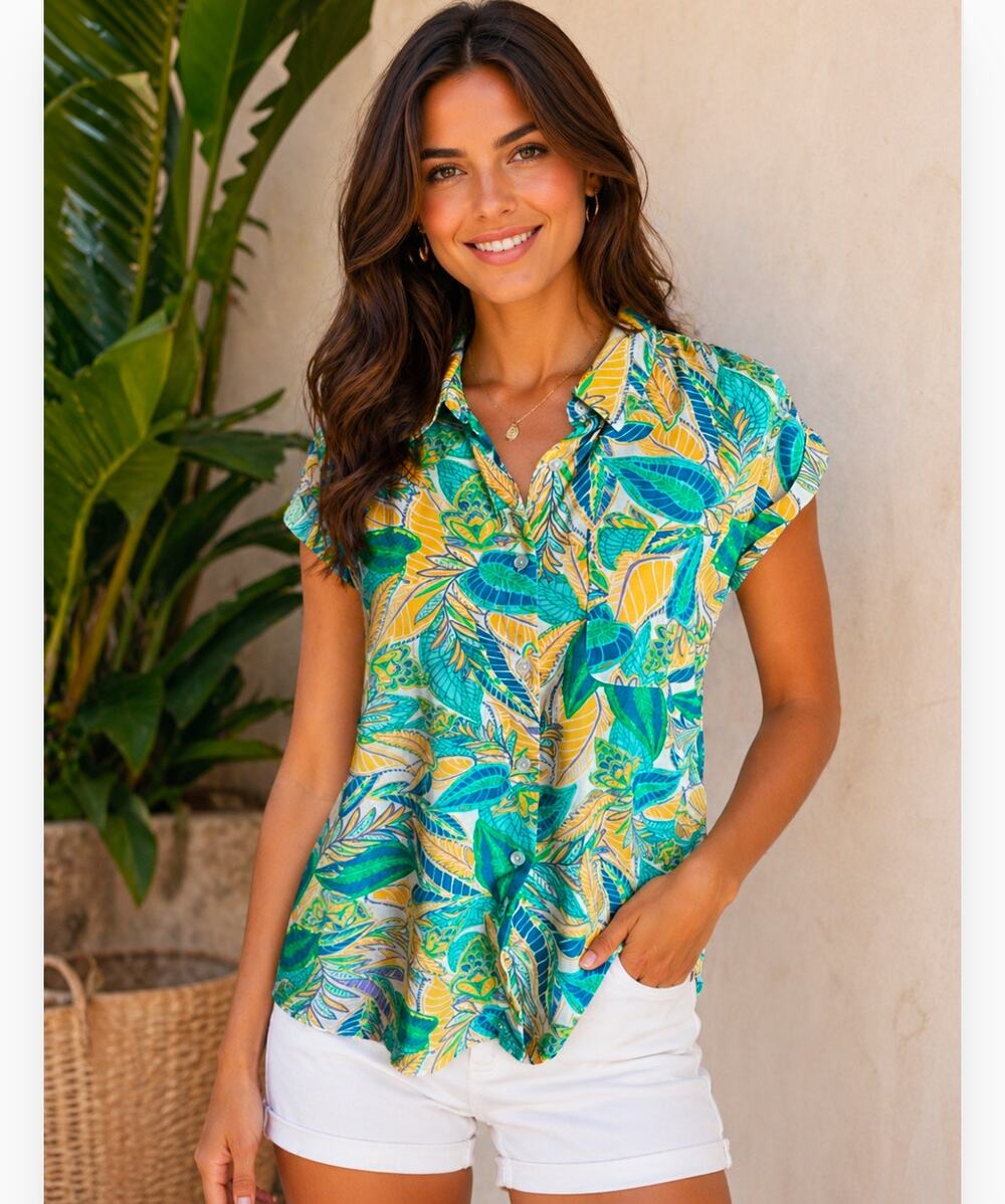 Olive & Oak Womens M Green Tropical Floral Shirt Short Sleeve Casual